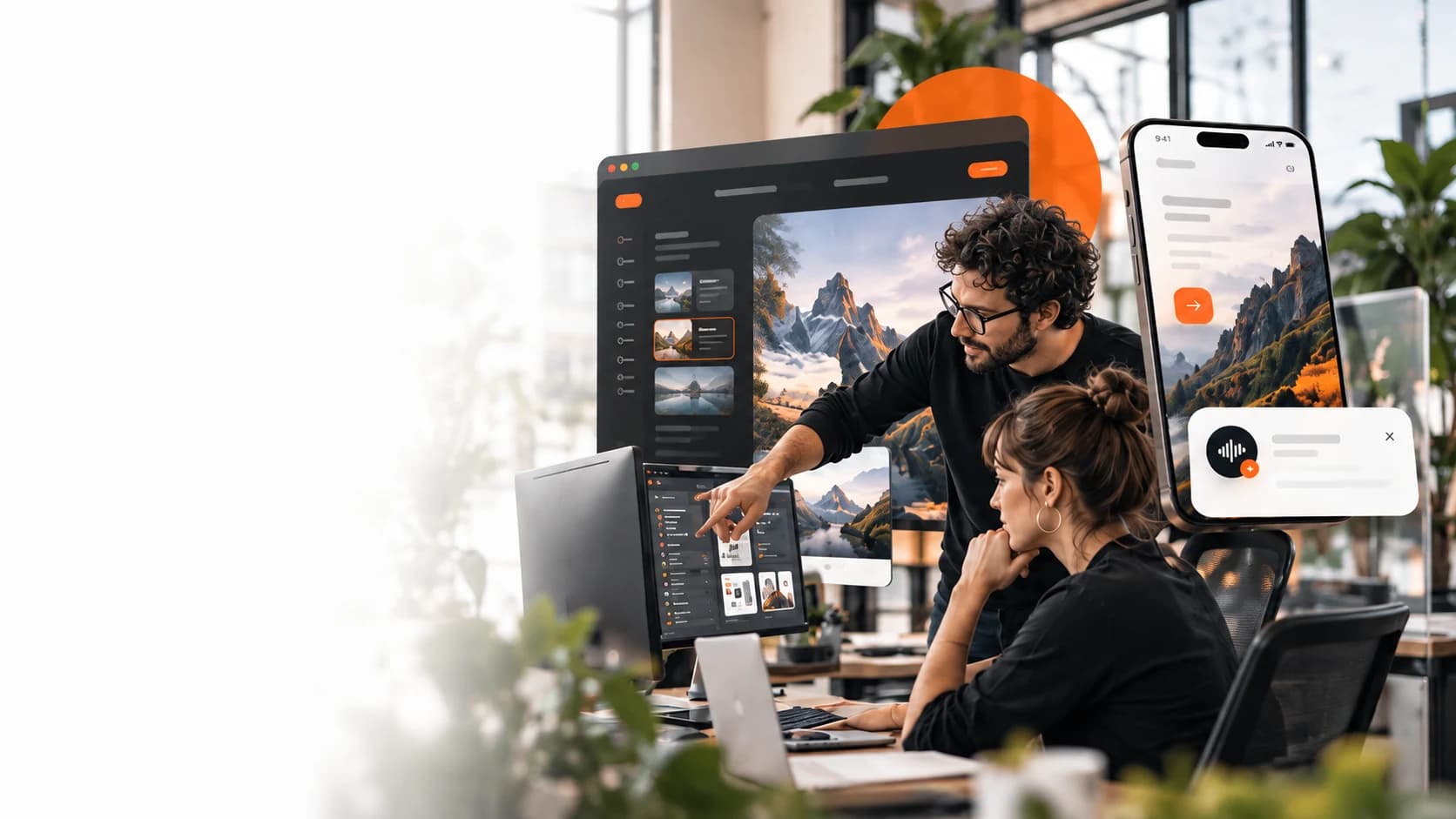 A WEBSTYLE team reviewing a website layout and a mobile app design across a monitor, a laptop and a phone