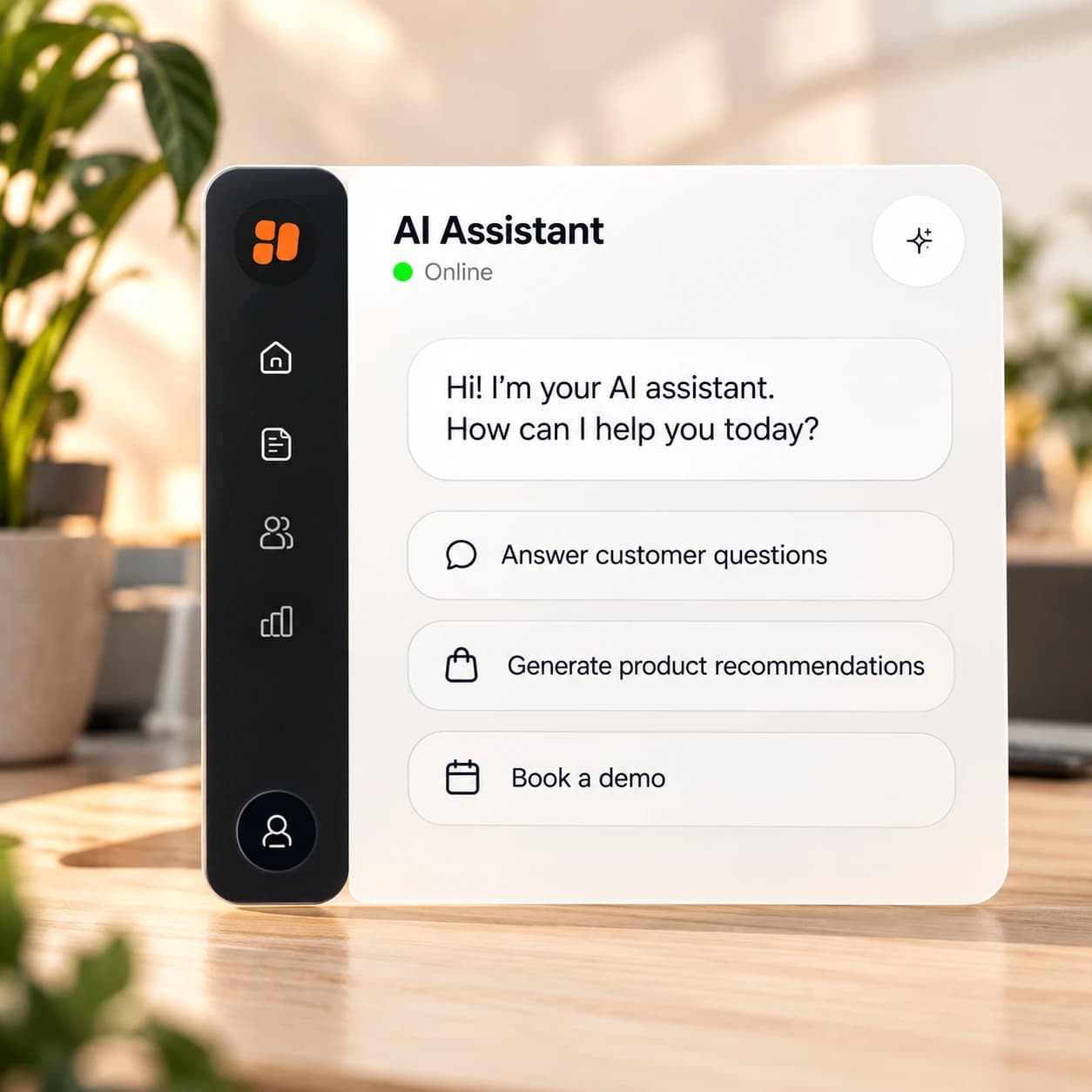 A chat assistant interface with a greeting and suggested actions