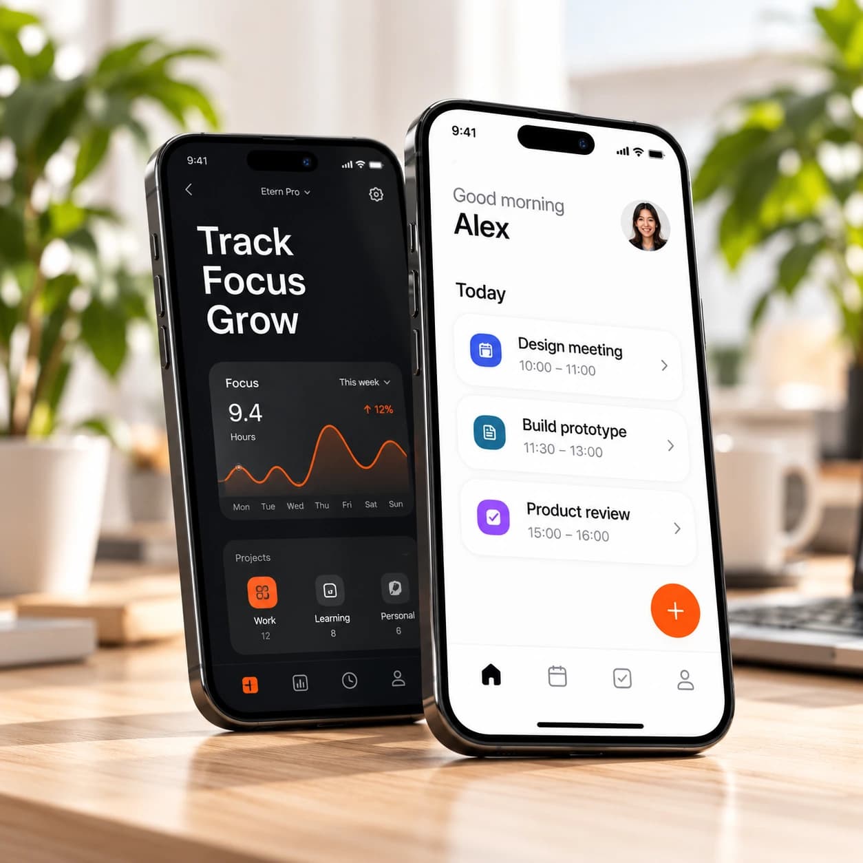 Two phones showing a productivity app with a focus chart and a daily schedule