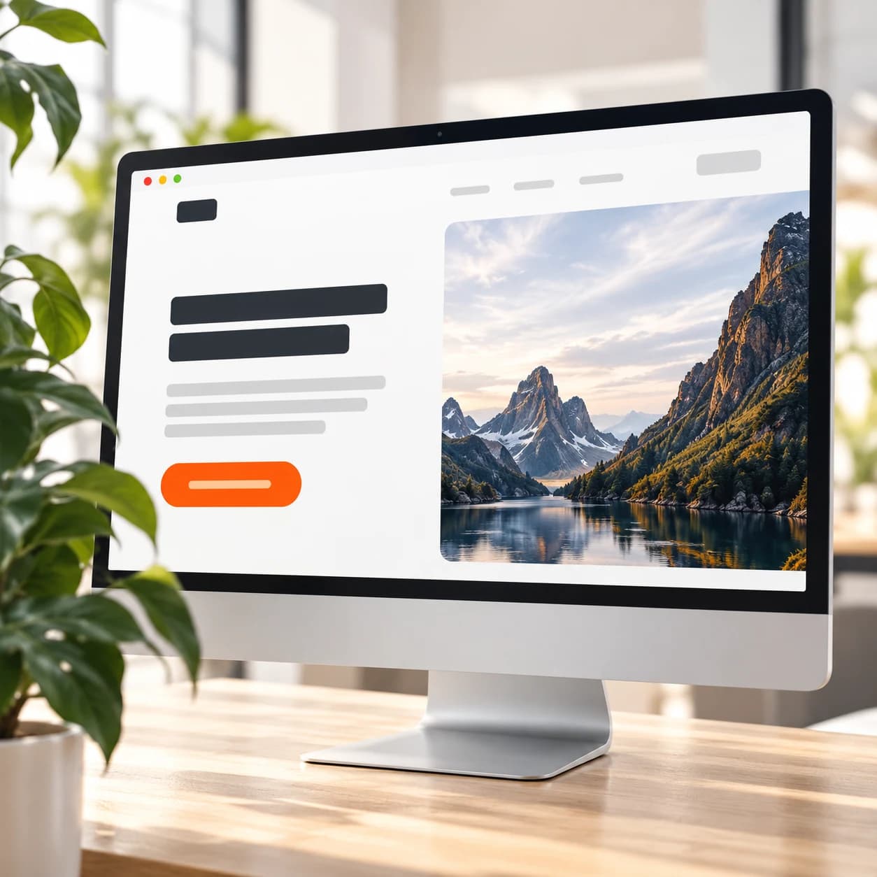 Desktop monitor showing a clean website layout with a photo of mountains
